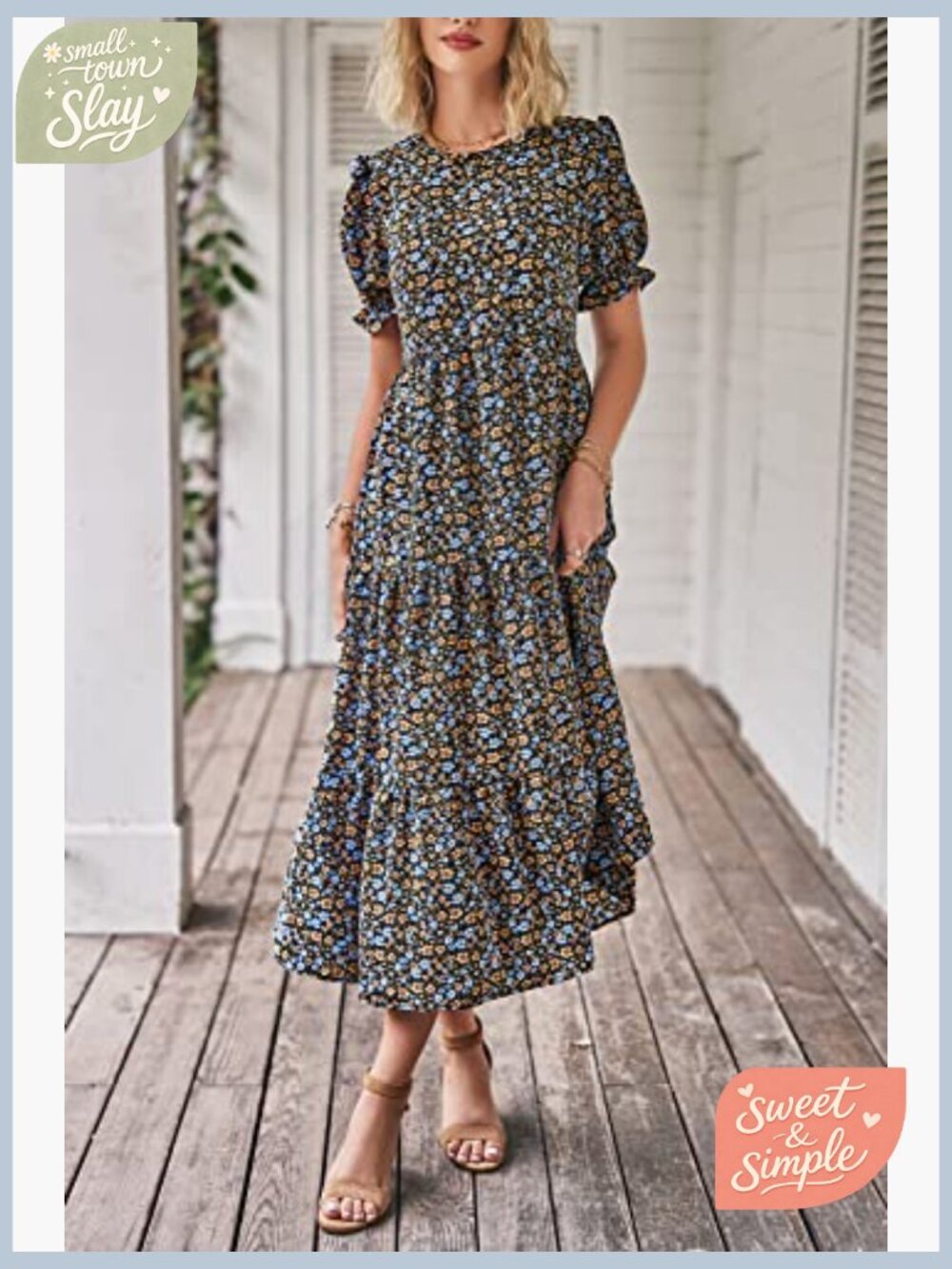 Summer Floral Midi Sun Dress Puff Short Sleeve Flowy Beach Vacation - Picture 4 of 7